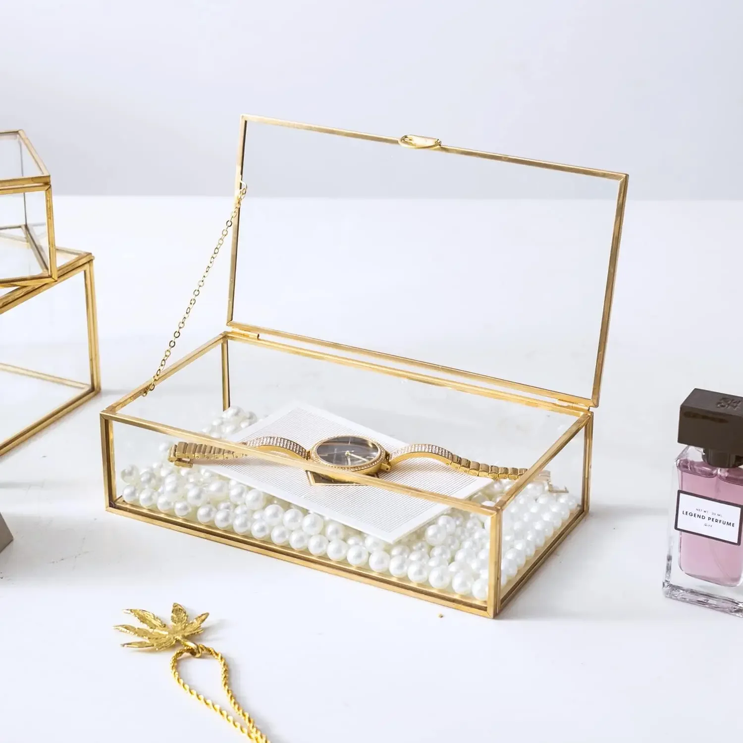 1/2Pcs Glass Jewelry Box Transparent Golden Rectangular Vintage Jewelry Organizer for Home Ecklace Bracelets Earrings Storage