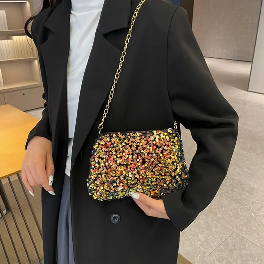 Solid Color Sequins Crossbody Bag Simple INS Chain Sequins Shoulder Bag Pocket Bag Phone Bag Small Square Bag Dinner Party