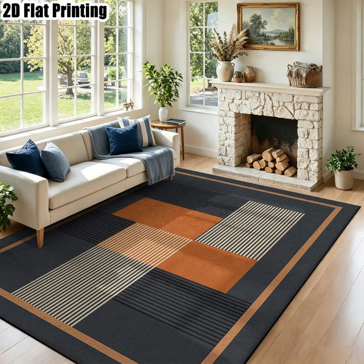 1Pc 2D Printed Gray-Orange Geometric Striped Carpet, Nordic/Modern Minimalist/European Style, Home Decor, Multi-Size, Machine-Washable, for Living Room, Bedroom, Dining Room, Entrance, Study