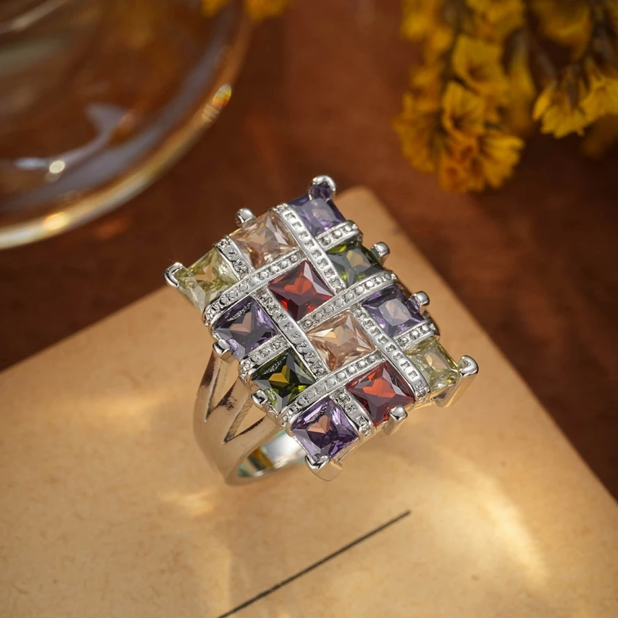 Micro-paved colored square brick stone ring European and American popular exquisite ring light luxury hand jewelry