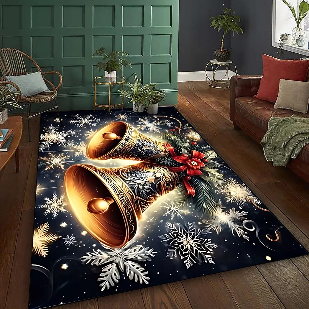 VIKAMA Golden Christmas Bell Rug,Non‑Slip Indoor Floor Mat,Snowflake Holly Winter Holiday Carpet for Living‑Room Home Decor Rug
