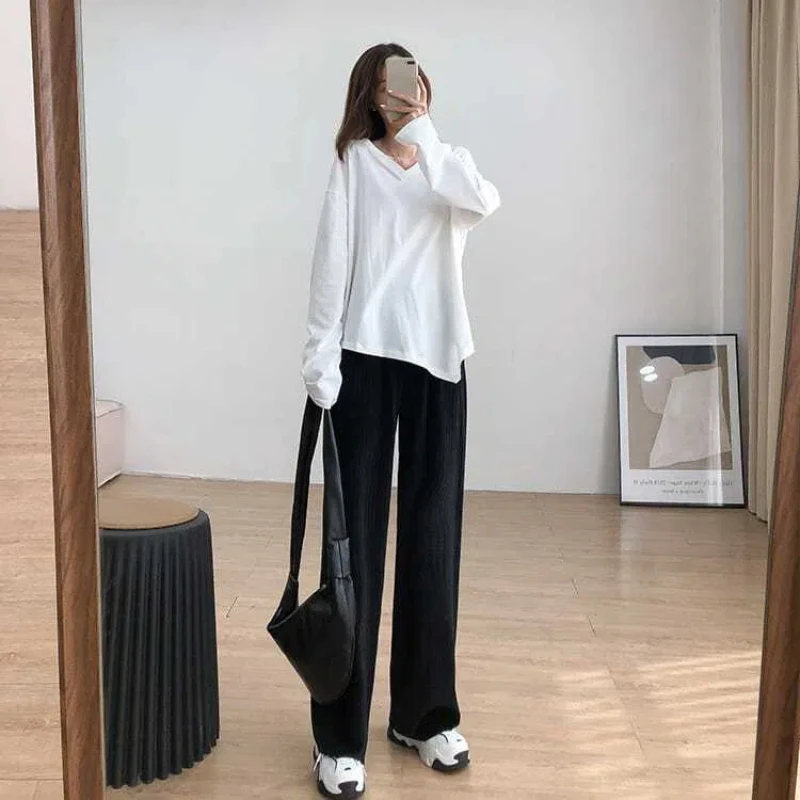 Simplicity Irregular Loose V Neck T Shirts Spring Autumn New Long Sleeve Solid Youth Casual Tops Fashion Vintage Women Clothing