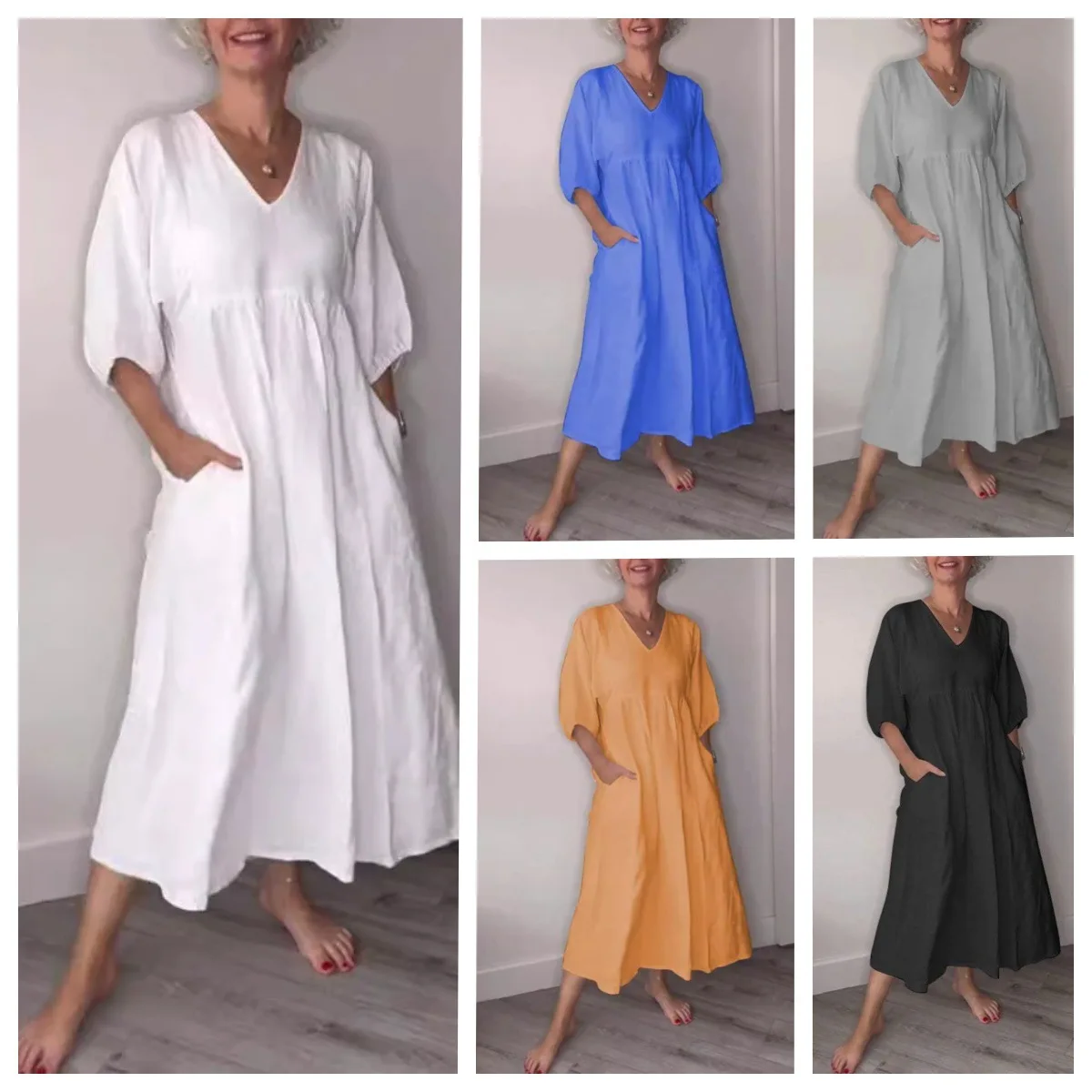 

Женское платье из хлопка и конопли с глубоким V-образным вырезом, однотонное, повседневное, с карманами