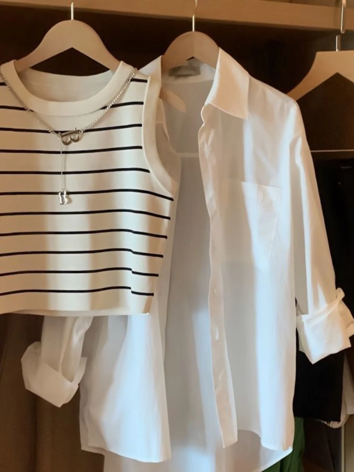 Chique mat irt en riemvestset Dameskleding Koreaanse Sle Loose Fit Lange Sve-kraag Gestreept patroon