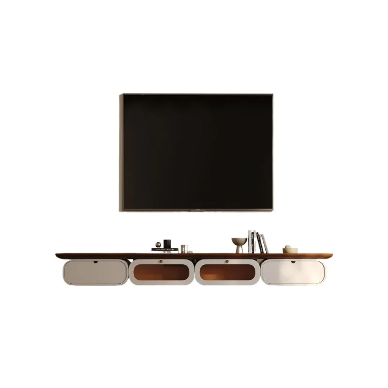 

Новая подвесная тумба под телевизор для гостиной, в стиле лайт-люкс, с высоким уровнем эстетики, интегрированная в стену.