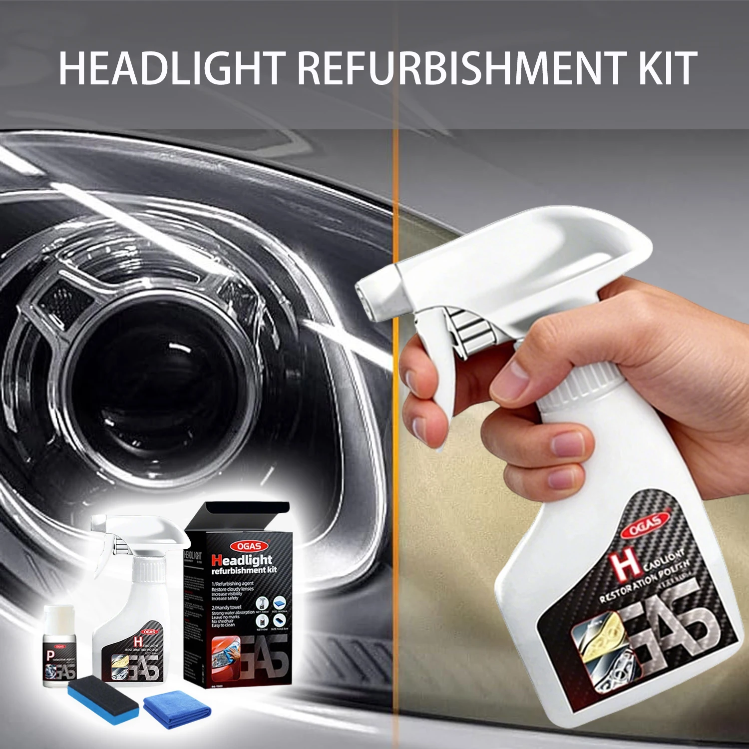 Car Headlight Restoration Kit, Cleans Yellowed and Foggy Headlights Without Sanding, Includes 180ml Repair Fluid and 10ml Coatin