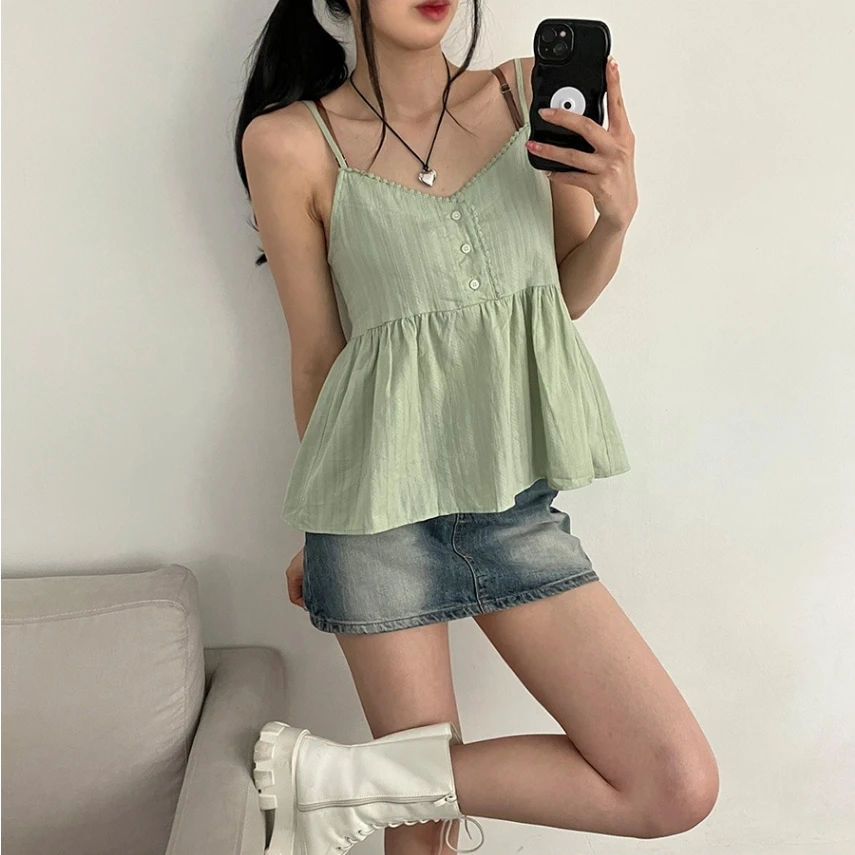 Pure Cotton  Strap Vest Women's Anti-Aging Candy Color Versatile Girl's Top Casual Style Short Length Outerwear