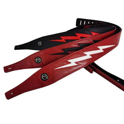 Correa de guitarra de cuero PU, color rojo, negro y blanco, correa cómoda con relámpago fresco para bajo eléctrico acústico, longitud ajustable