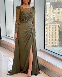 2024 Elegant Evening DressSpecial Occasion Gown Illusion Neckline Full Sleeve Side Slit Maxi Skirt