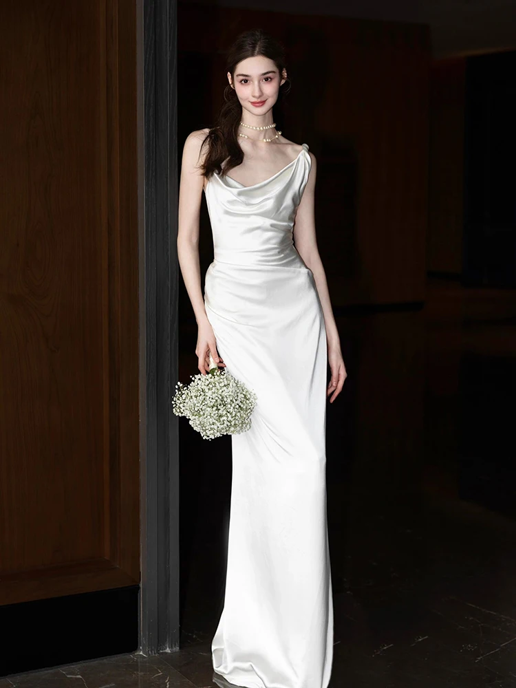 

Ele Simple Satin Light Wedding Dr Bal Bridal Gown Floor-Length Skirt Sle for Bride Applicable to Hotel Indoor