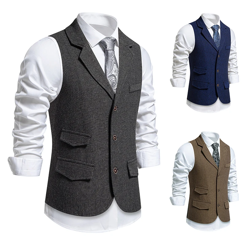 2024 Spring and Autumn New Men\'s Herringbone Stitched Satin Interior Vest Business Casual Formal Fake Pocket Vest