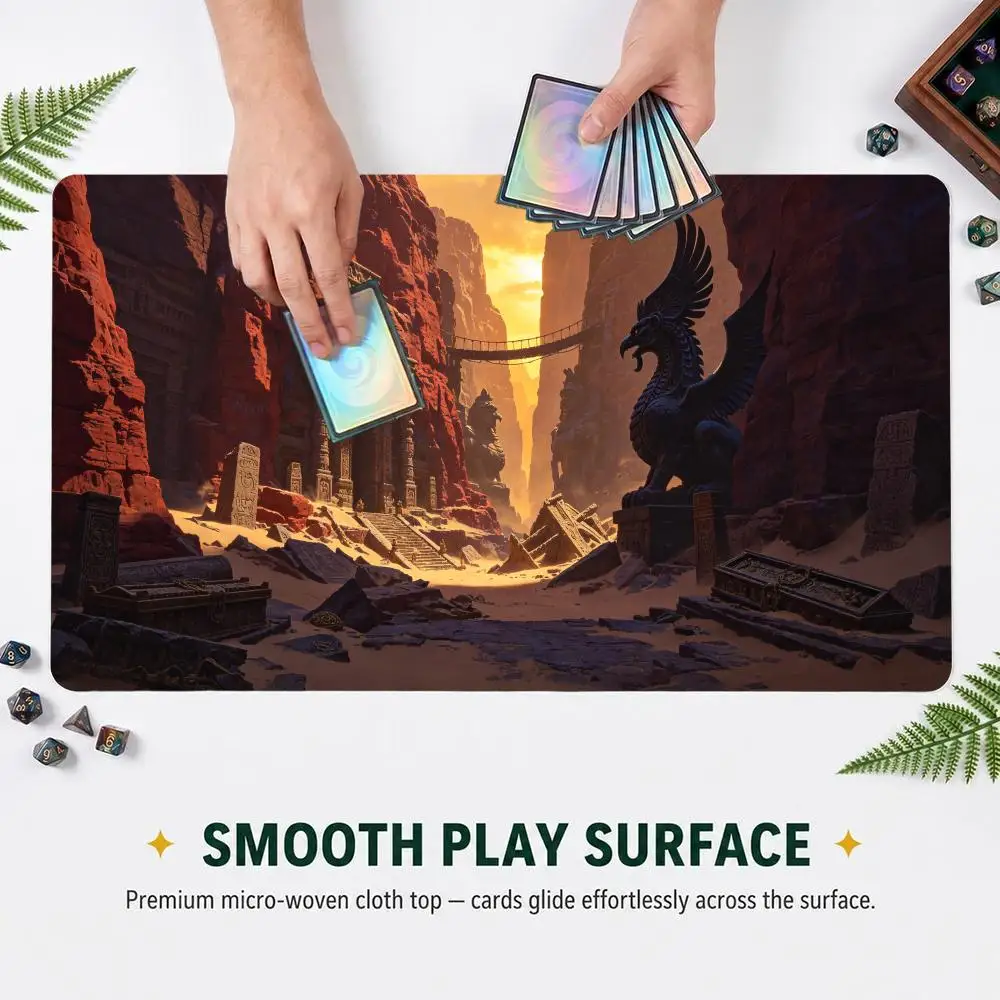 Ancient Desert Canyon Ruins Griffin Statue TCG Play mat Volcano Scene Trading Card Game Desk Mat Non‑Slip Rubber Mouse Pad