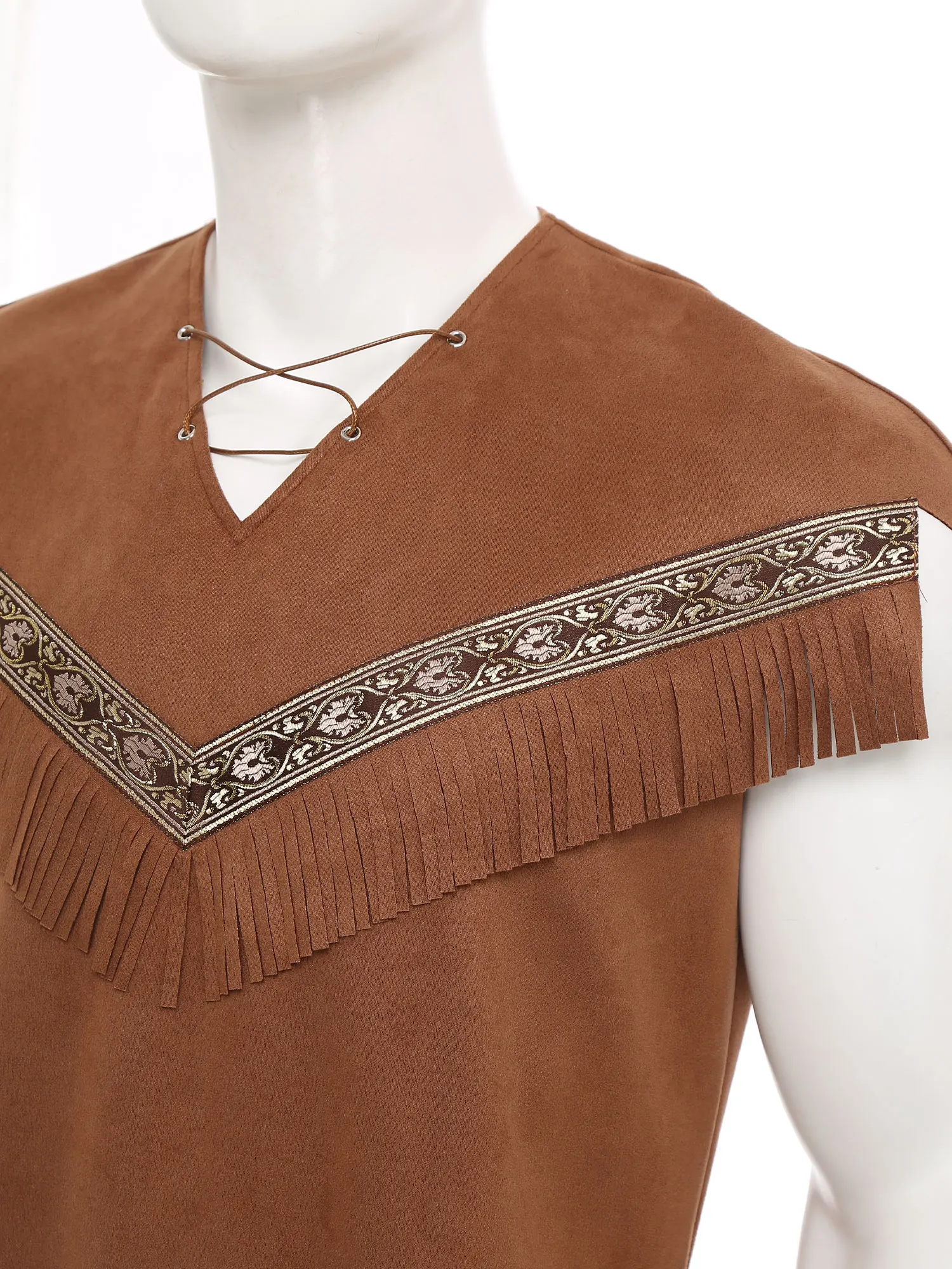 Disfraz de hombre de las cavernas salvaje, tribu de Halloween, disfraz de Cosplay indígena con cordones, borla frontal, patrón Vintage, adorno irregular, bata de gamuza sintética