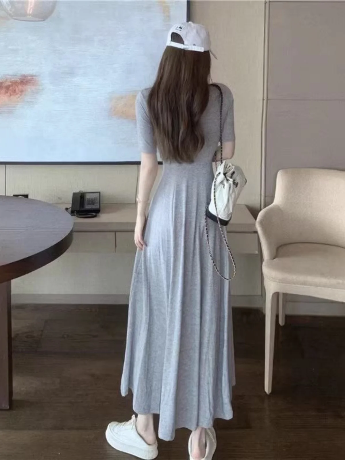 Ele coupe basse v-ne Midi Dr été coréen Sle ample a-ligne ort Sve t-shirt Dr Modal coton taille haute jupe longue