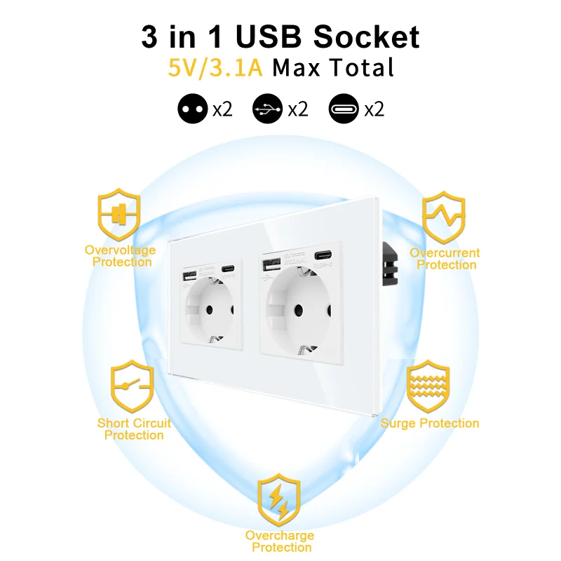 Wifi Socket EU Standard Smart Outlets Wall Socket 16A 100V-240V USB Type C White Black Gloden Crystal Glass Panel for Smart Home