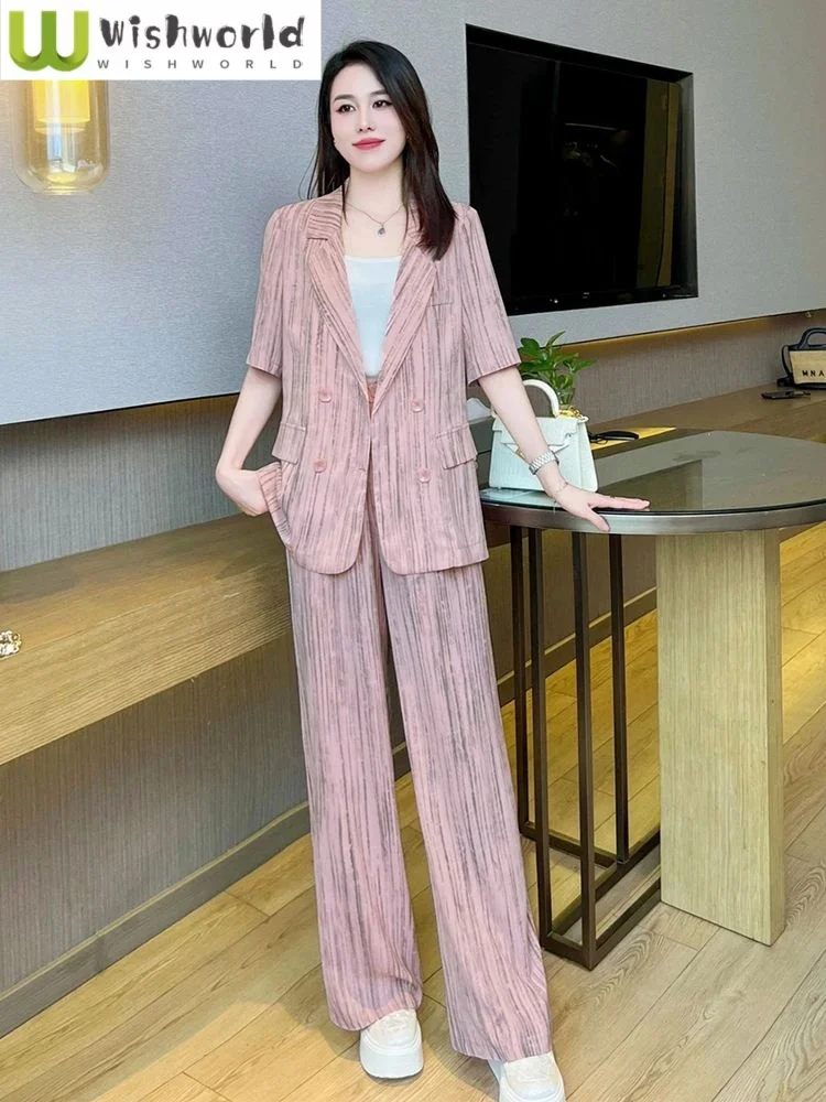 Striped Patchwork Short Sleeved Blazer Top High Waist Wide Leg Pants Two-piece Set Elegant Women's Office Suit Set