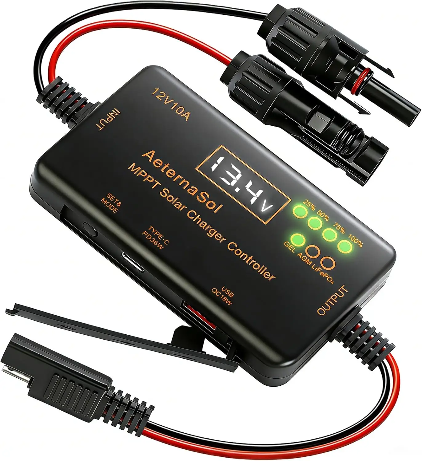 Premium 12V 10A MPPT Solar Charge Controller, Type-C & USB Output for Solar Panel/Gel/AGM/LiFePO4 Battery