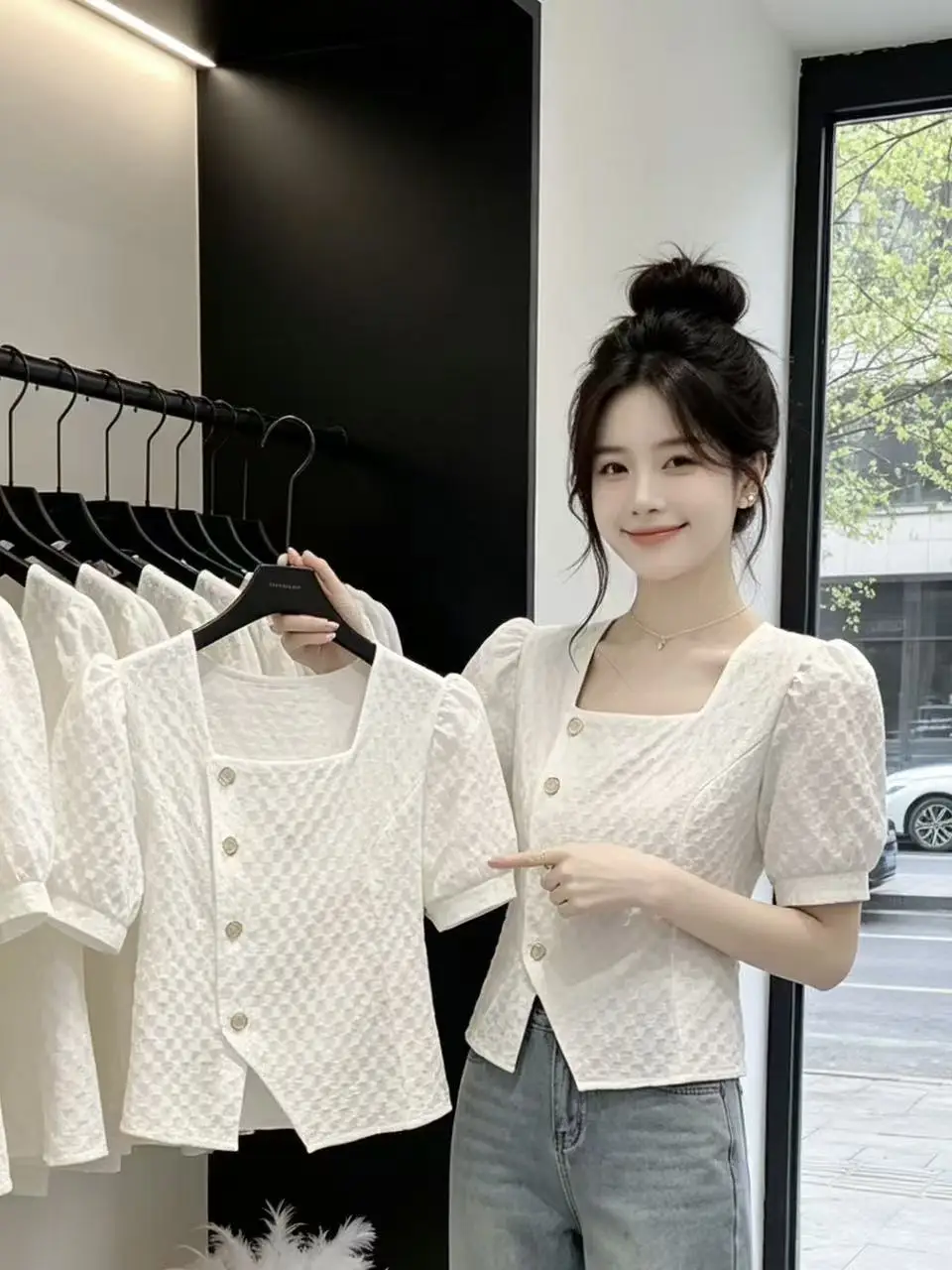 Elegant Ladylike Shirt Square Collar Design Sensation Small Audience Fashionable Summer New Style Short Sleeve Women's Top