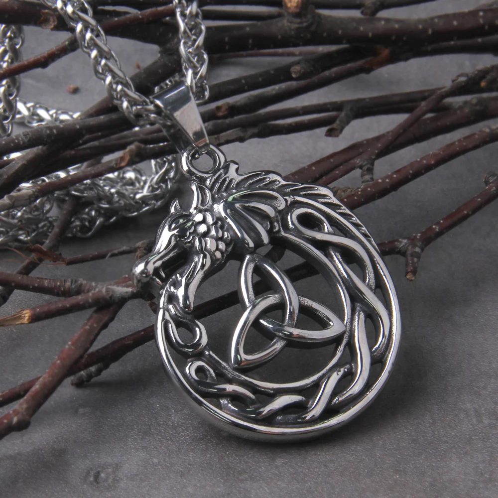 Punk Vikings Dragon Stainless Steel Necklace Mens Nordic Runes Pendant Triangle Vegvisir Amulet Scandinavian Ouroboros Jewelry