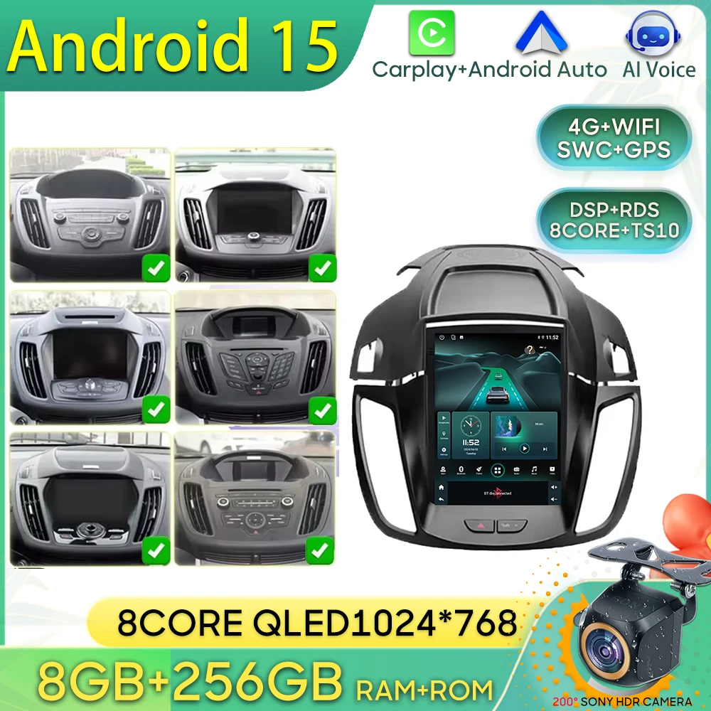 Rádio do carro de android 15 para ford kuga 2 escape 3 2012-2019 gps carplay wifi cam reprodutor multimídia nenhum 2din autoradio tela vídeo