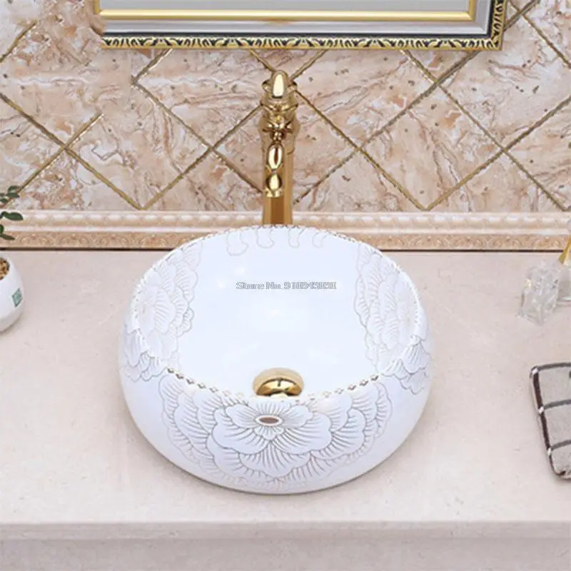 

Modern Home Decoration Desktop Art Bathroom Porcelain Washbasin Above Counter Basin Round Color Gold Washbasin