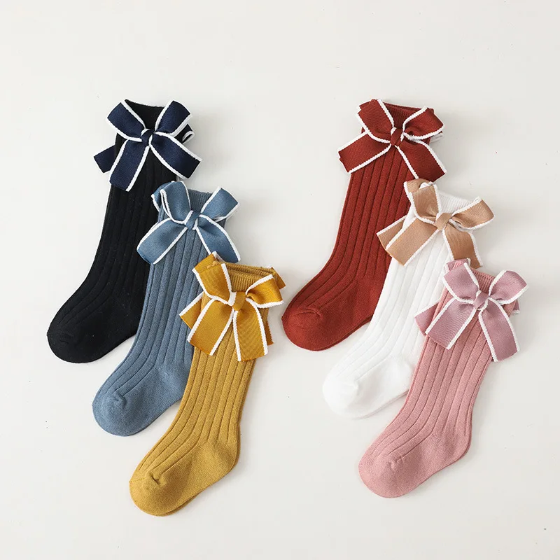 Autumn Baby Girls Stripe Bows Socks Knee High Soft Cotton Kids Long Socks Children Floor Socks Princess Style For 0-5 Years