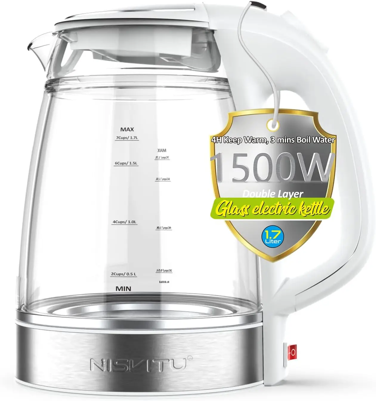 

Electric Cordless Kettle 1.7L, Glass Inner with PC Outer, 1500W, Auto Shut Off, Boil-Dry Protection