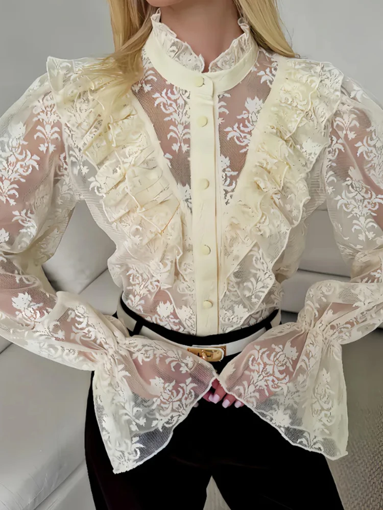 

Elegant Lady Pure Color Ruffle Tops French Style Lace Embroidery Perspective Blouse Trendy Flare Long Sleeve Slim Commute Shirts