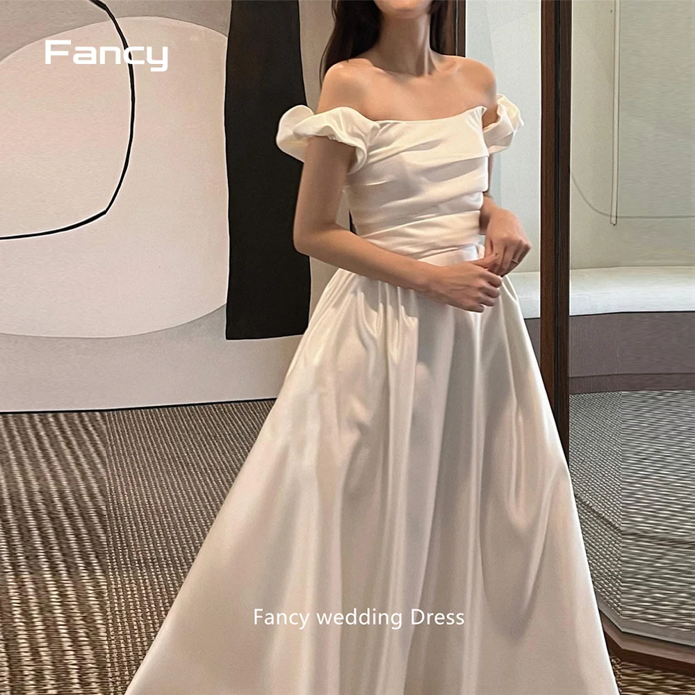 Fancy  Korea Simple A Line Soft Satin Wedding Dresses Photo shoot Off Shoulder Bridal Gowns Lace Up Back Plus Size