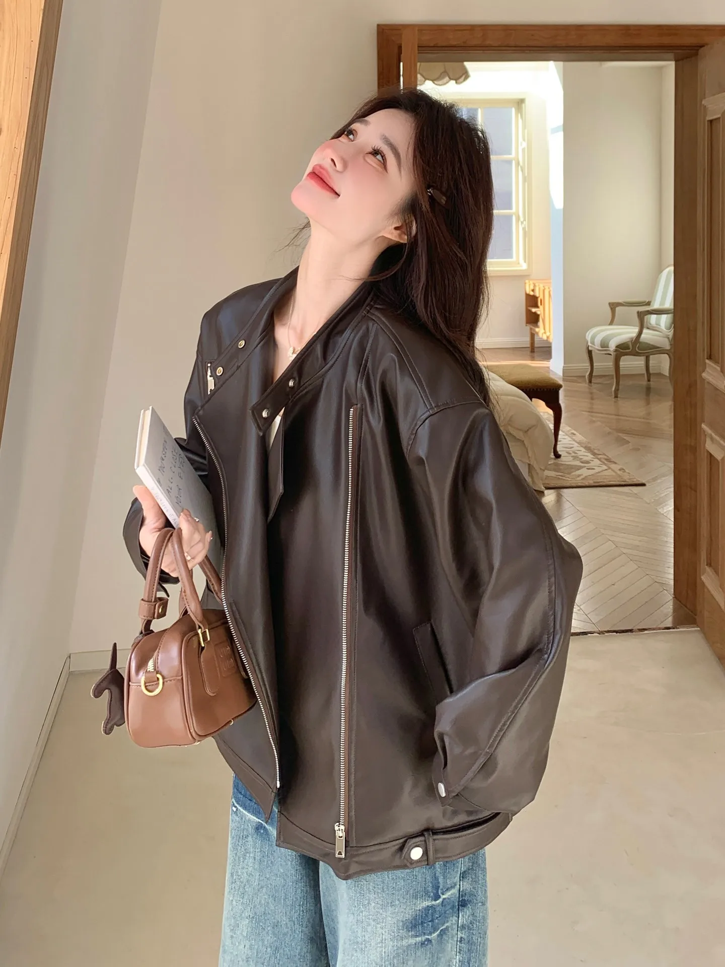 

Burgundy Retro Loose Casual Biker Leather Jacket Women's Spring New Style Versatile Fashion Top PU Material Long Sleeve Zipper