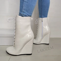 ZHIMA Women Ankle Boots Wedges Side Zip Super High Heels Round Toe Handmade Short Boots Ladies Shoes Woman Big Size 41 43 45 52