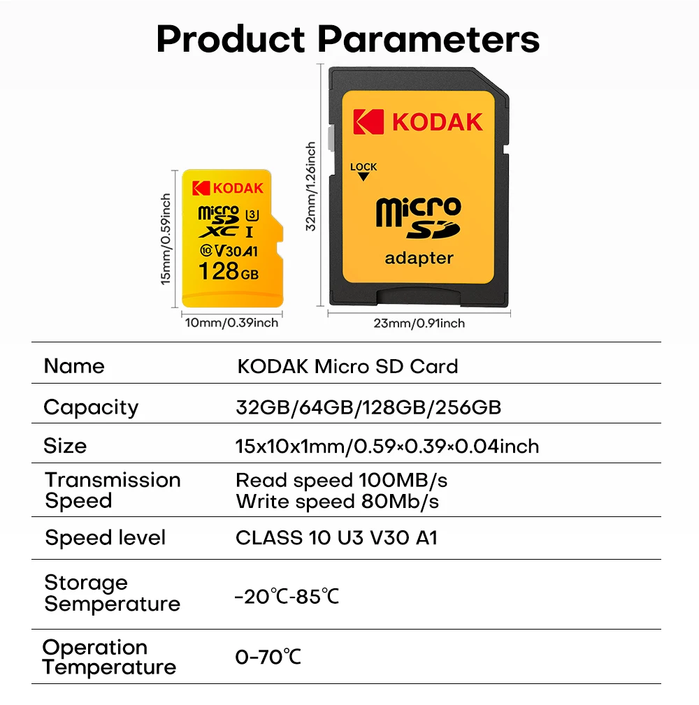 KODAK High Endurance Micro SD-Karte U3 V30 A1 32GB 64GB 128GB 256GB TF-Karte 100MB/s 4K Speicherkarte für Sicherheitskamera – Detail 7
