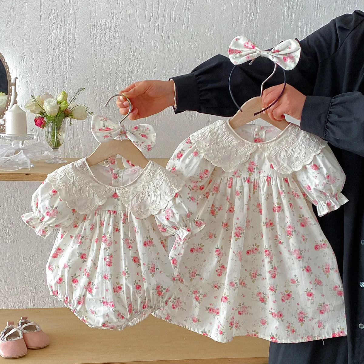 

2026 Summer Floral Lace Fly Sleeve Matching Sibling Outfits Baby Bodysuit Toddler Dress Set with Bow Headband