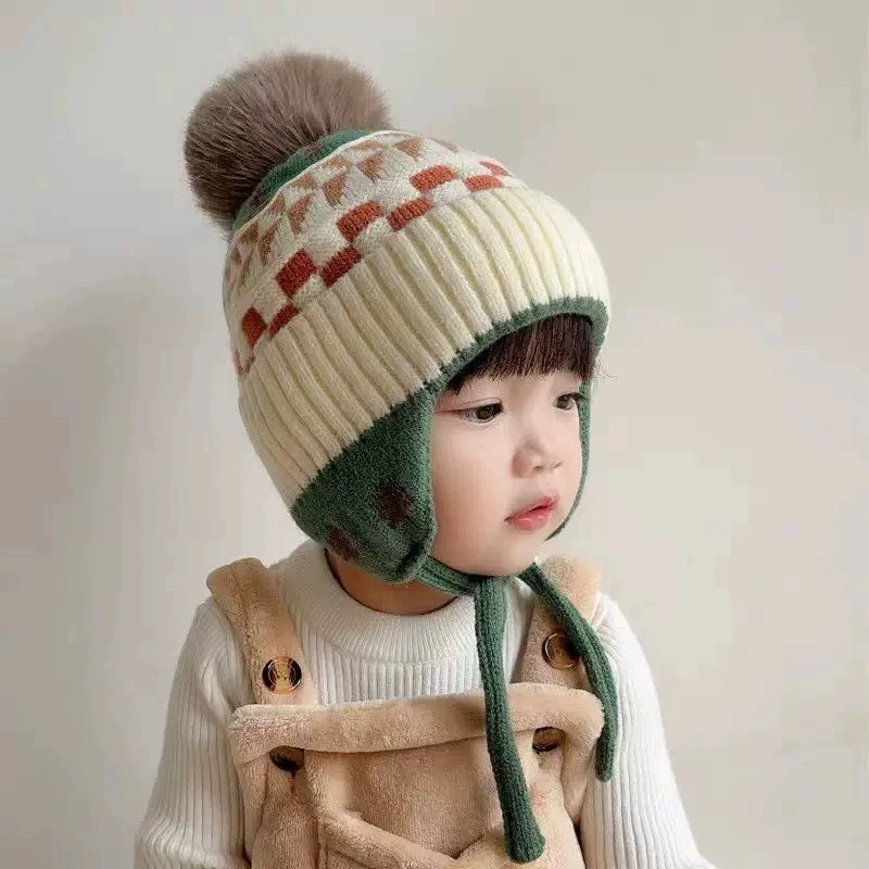 Babymütze, niedliche Streifen, Schutzmütze, Winter, verdickt, warm, gestrickt, koreanische Version, Babymütze, Geschenk für Kinder