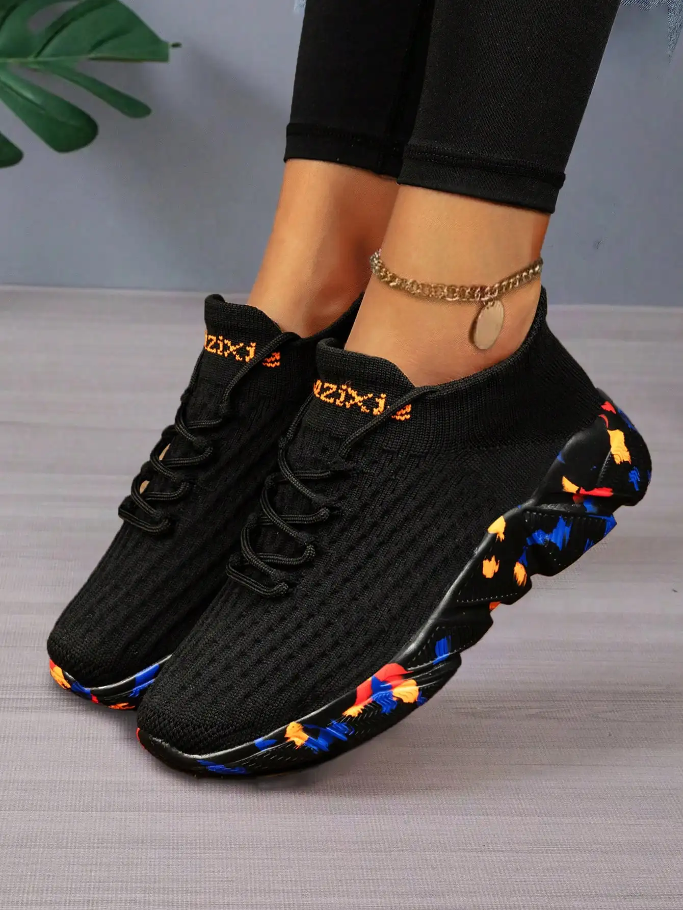 

Elastic Fabric Lace Up Sneakers Breathable Lightweight Shock Absorbing All Season Casual Sports Shoes For Women