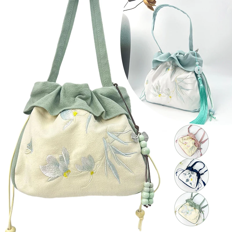 Embroidery Crossbody Chinese Hanfu Shoulder Drawstring Bucket Bag Coin Handbags Literary Fringe Ancient Style and Casual