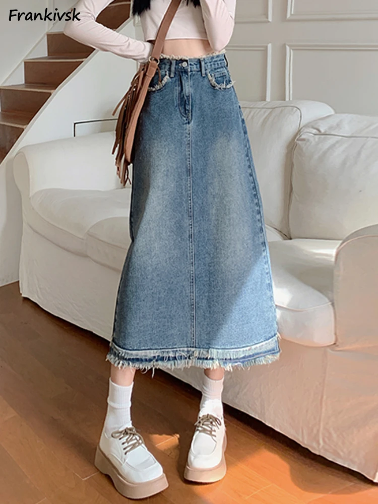 

Denim Skirts Women Mid-calf European Style Retro Frayed Do Old High Street Stylish Youthful Vitality Office Lady All-match 2023