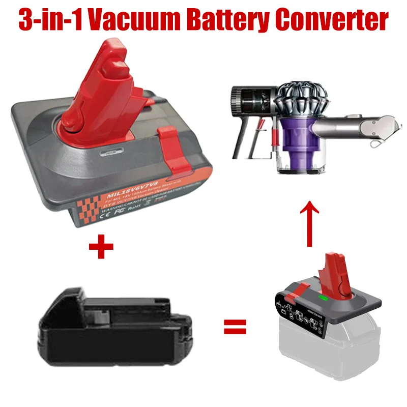 Convert To for Dyson V8 V7 V6 Vacuum Cleaners 3-in-1 Battery Adapter Converter MIL18V6V7V8 for Milwaukee 18V Lithium Battery