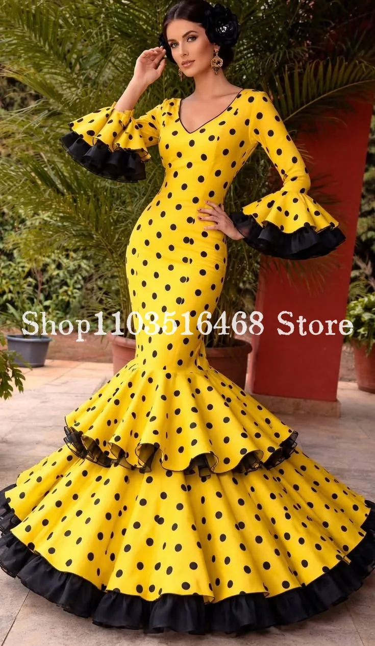 Gold Polka-Dot Mermaid Ball Gown Festive Gown Customized Party Dress Spanish Flamenco Performance Dance Competition Gown 2026
