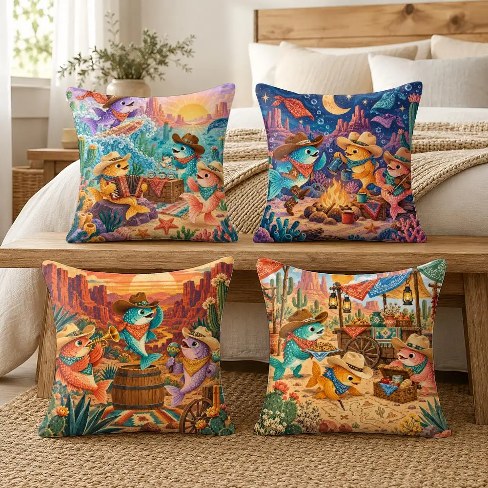 Cowboy Fish Picnic Cartoon Art Cushion Cover Soft Short Plush Pillow Cases Hidden Zipper Cutecore Sofa Bedroom Home Decor Gift