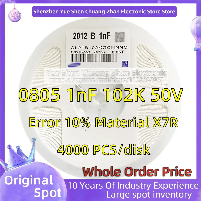 

【 Whole Disk 4000 PCS 】2012 Patch Capacitor 0805 1nF 102K 50V Error 10% Material X7R Genuine capacitor