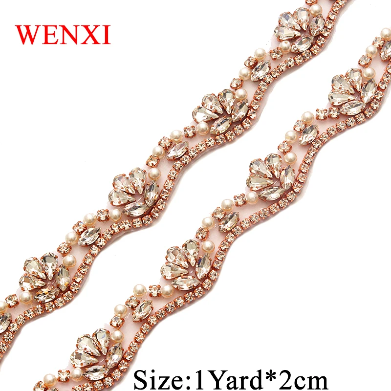 

WENXI (10YARDS) Wholesale Iron On Rhinestone Applique Trim For Wedding Dress WaistBand Delicacy Rose Gold Crystal WX810