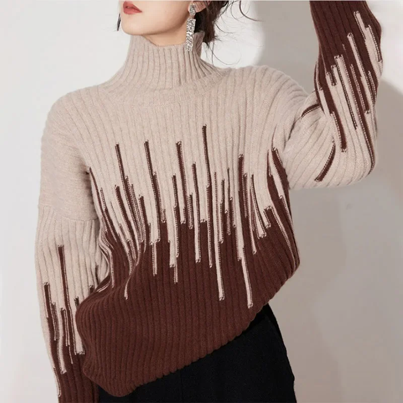 เสื้อสเวตเตอร์คอเต่าครึ่งแขนยาวเสื้อถักคอกลมเสื้อถักกันหนาวสำหรับผู้หญิงเสื้อสวมหัวทรงหลวมลำลองฤดูหนาวฤดูใบไม้ร่วง