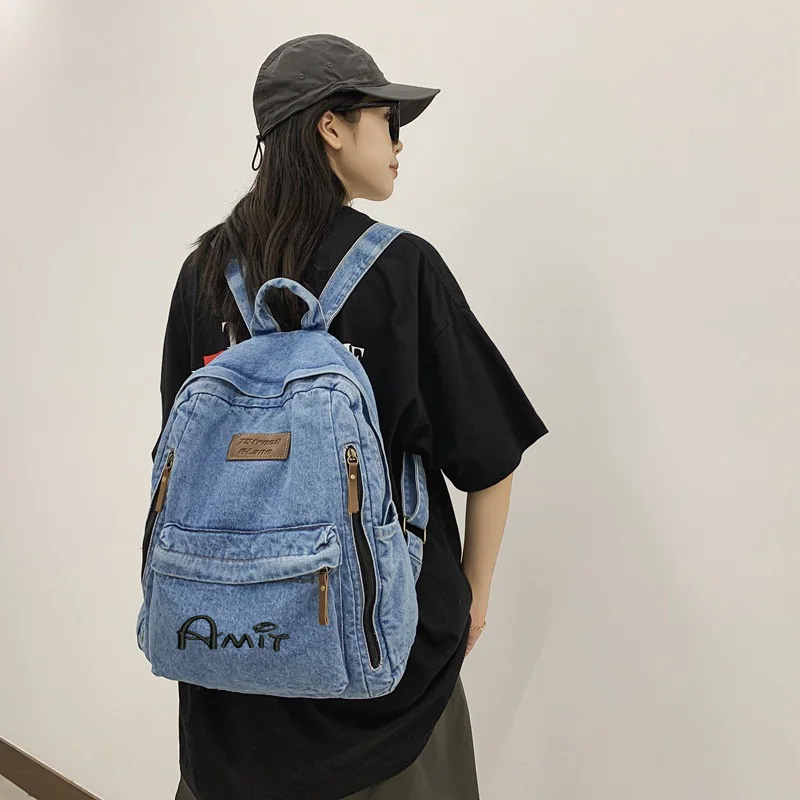 Personalized Customization, Simple And Lazy Style Denim Backpack For High School Students, College Student Canvas Backpack