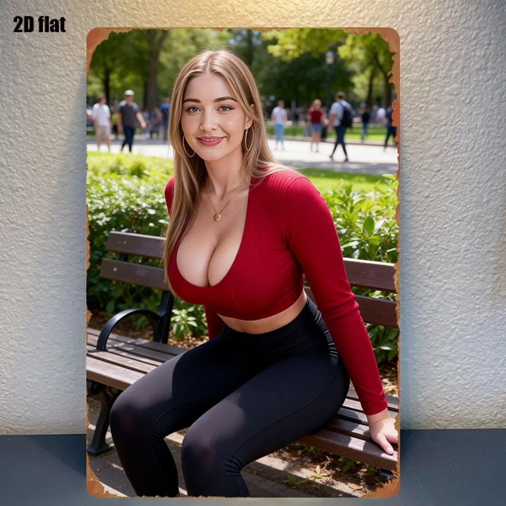2D Plane Iron On Patch | 8x12 Inch Wall Decor for Living Room & Game Room, Park Bench Scene with Female Character Red Crop Top
