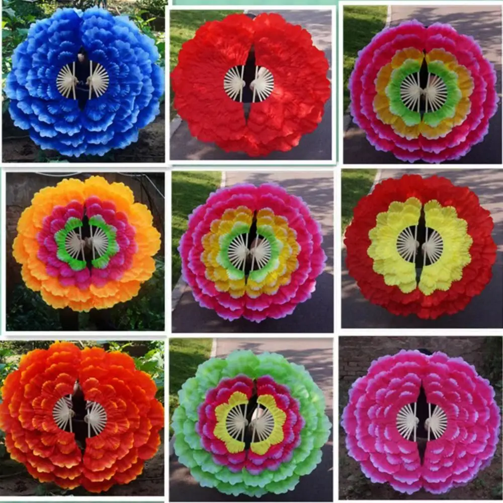 Abanico de baile medio plegado de 90cm de alta calidad, abanico de baile cuadrado de 5 capas para niños y adultos, abanico de mano de pétalo de peonía de doble cara en 9 colores