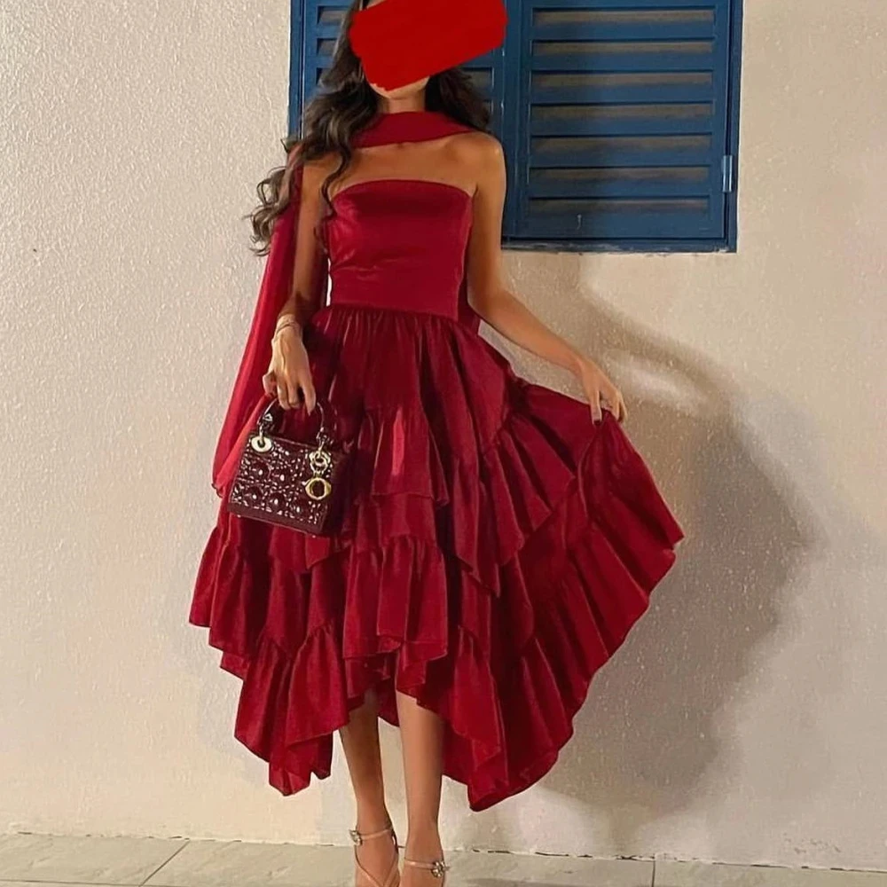 

Modern Prom Dress Strapless Red Evening Dresses Women Tiered Sleeveless Satin Backless Elegant Wedding Guest Formal Party Gowns