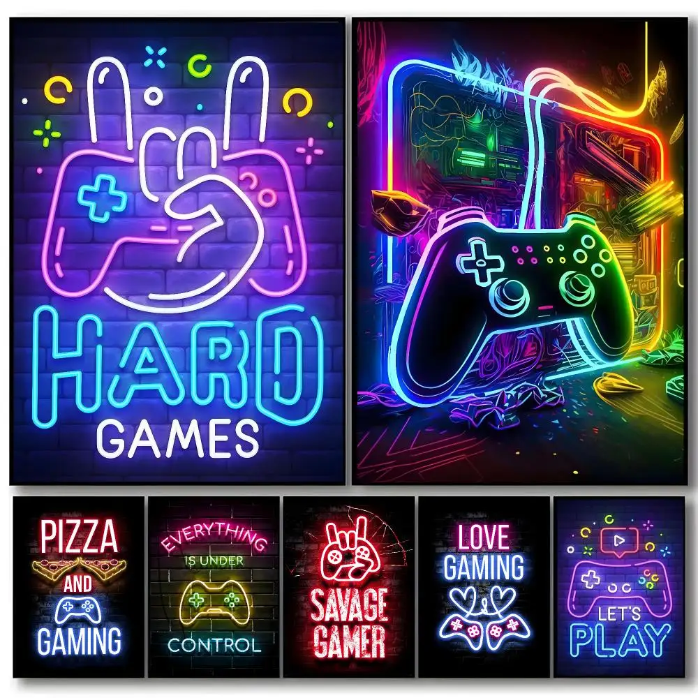 Art Neon Gamepad Poster Self-adhesive Art Waterproof Paper Sticker Coffee House Bar Room Wall Decor