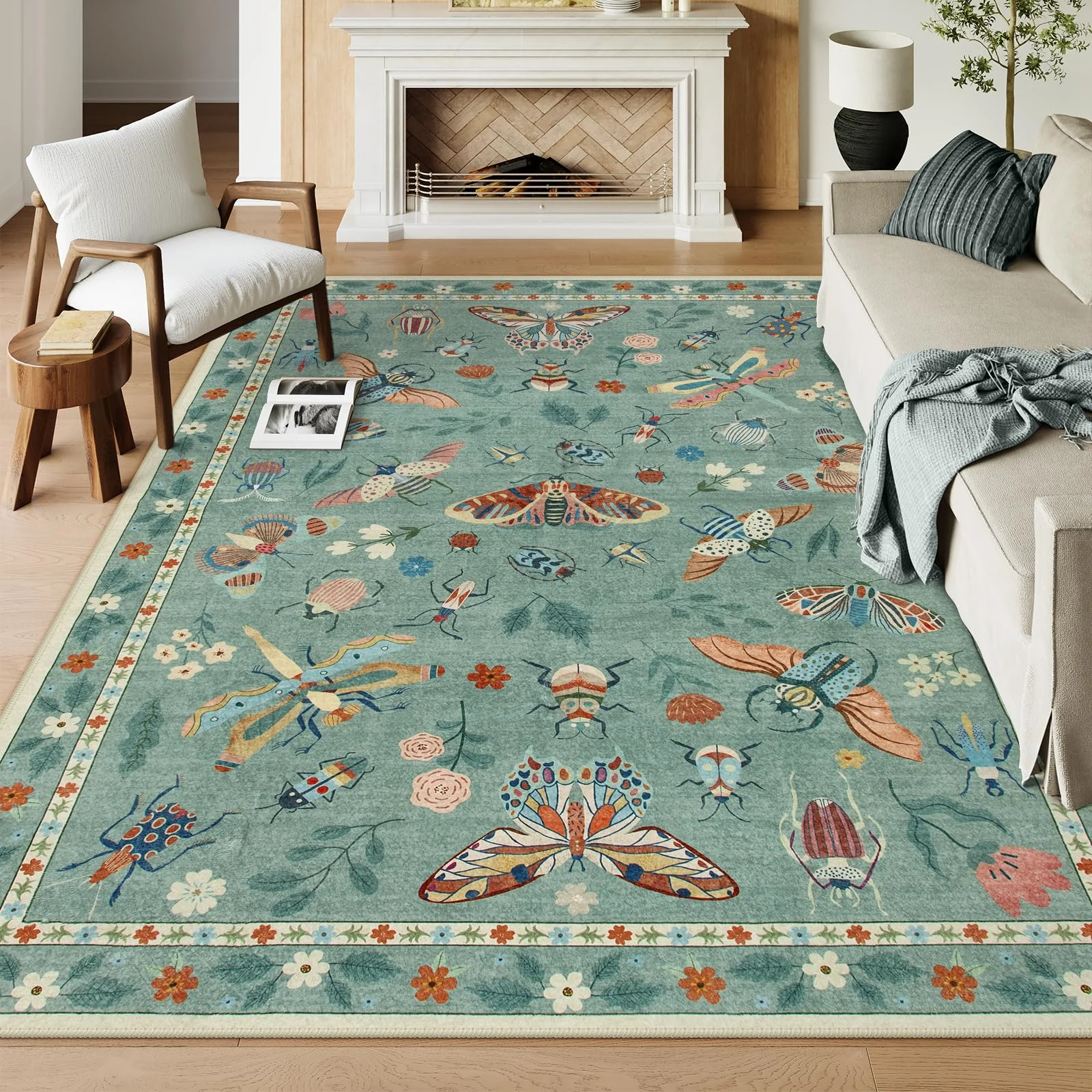 

VIKAMA Pastoral Insect Plant Imitation Cashmere Wash Back Carpet, Living Room, Bedroom, Relaxation Area Floor Mats Home Decor