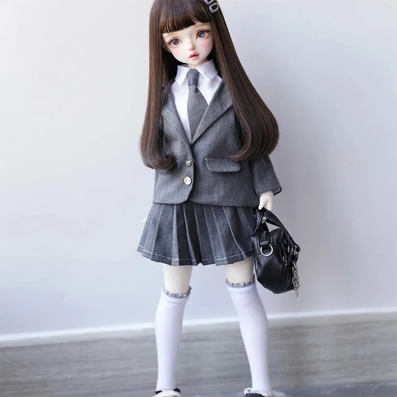 BJD Puppenkleidung für 1/4 1/5 1/6 Größe grauer Anzug Langarm weißes Hemd Faltenrock Krawatte Set Puppenzubehör